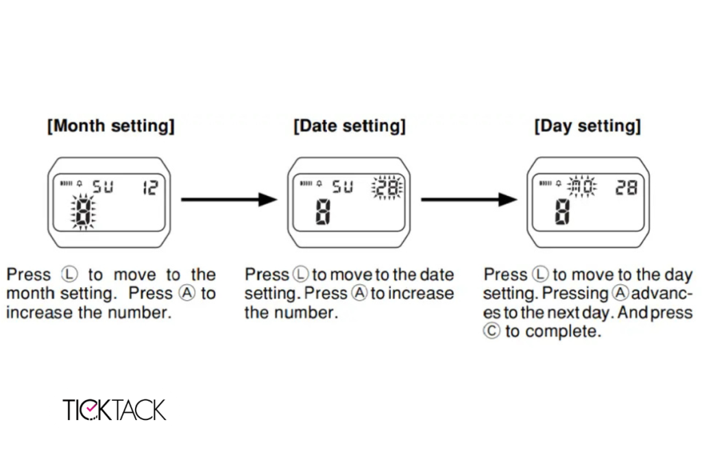 تنظیم ماه، تاریخ و روز F91W (قدم‌ به‌ قدم) | تیک تاک گالری